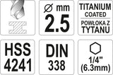 Сверло по металлу с хвостовиком Hex 6.3 mm (1/4") HSS-TiN | 2.5 mm
