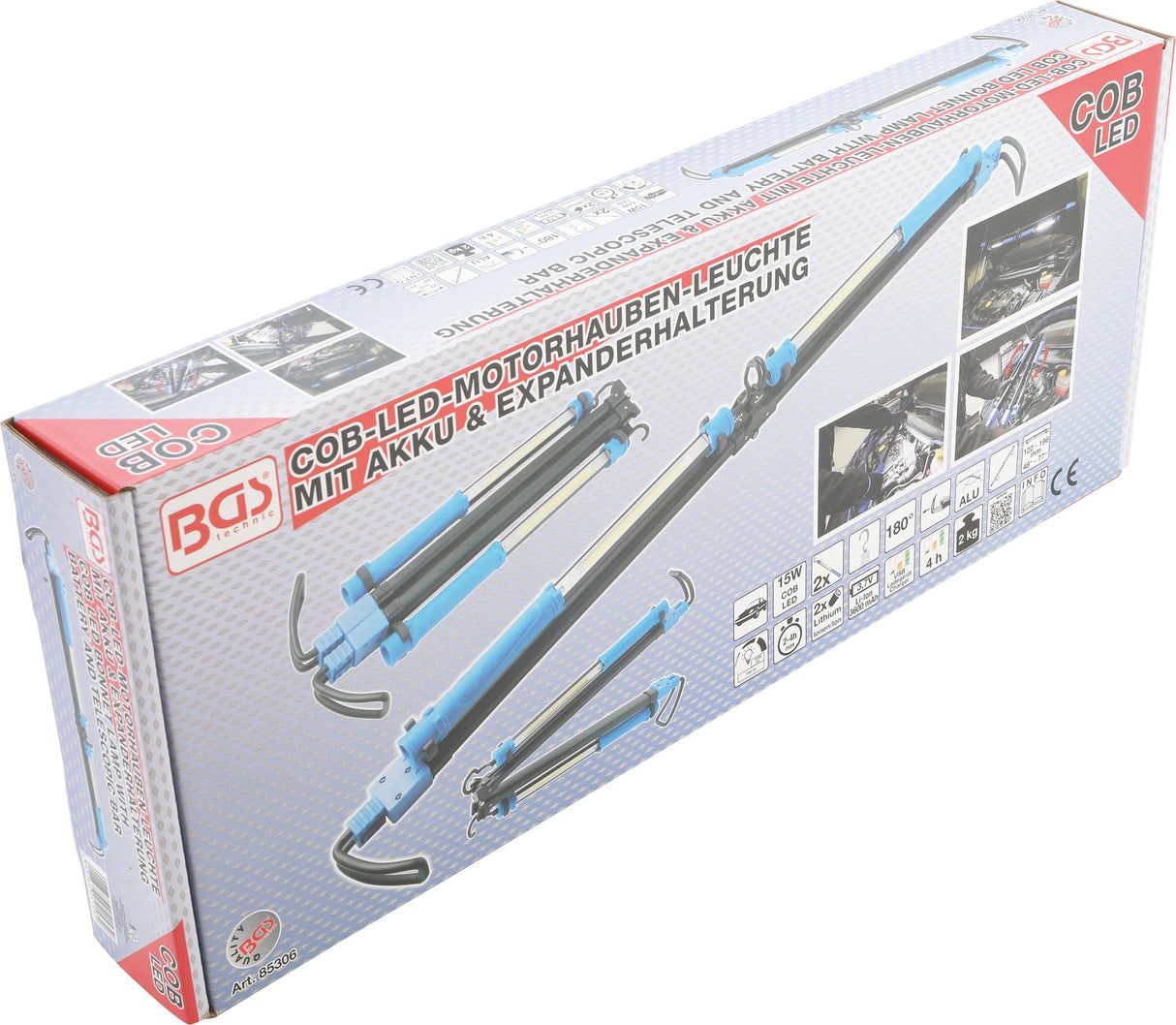 COB LED variklio dangčio lempa su akumuliatoriumi ir teleskopine juosta | 2 COB-LED nešiojamos darbo lempos (85306)