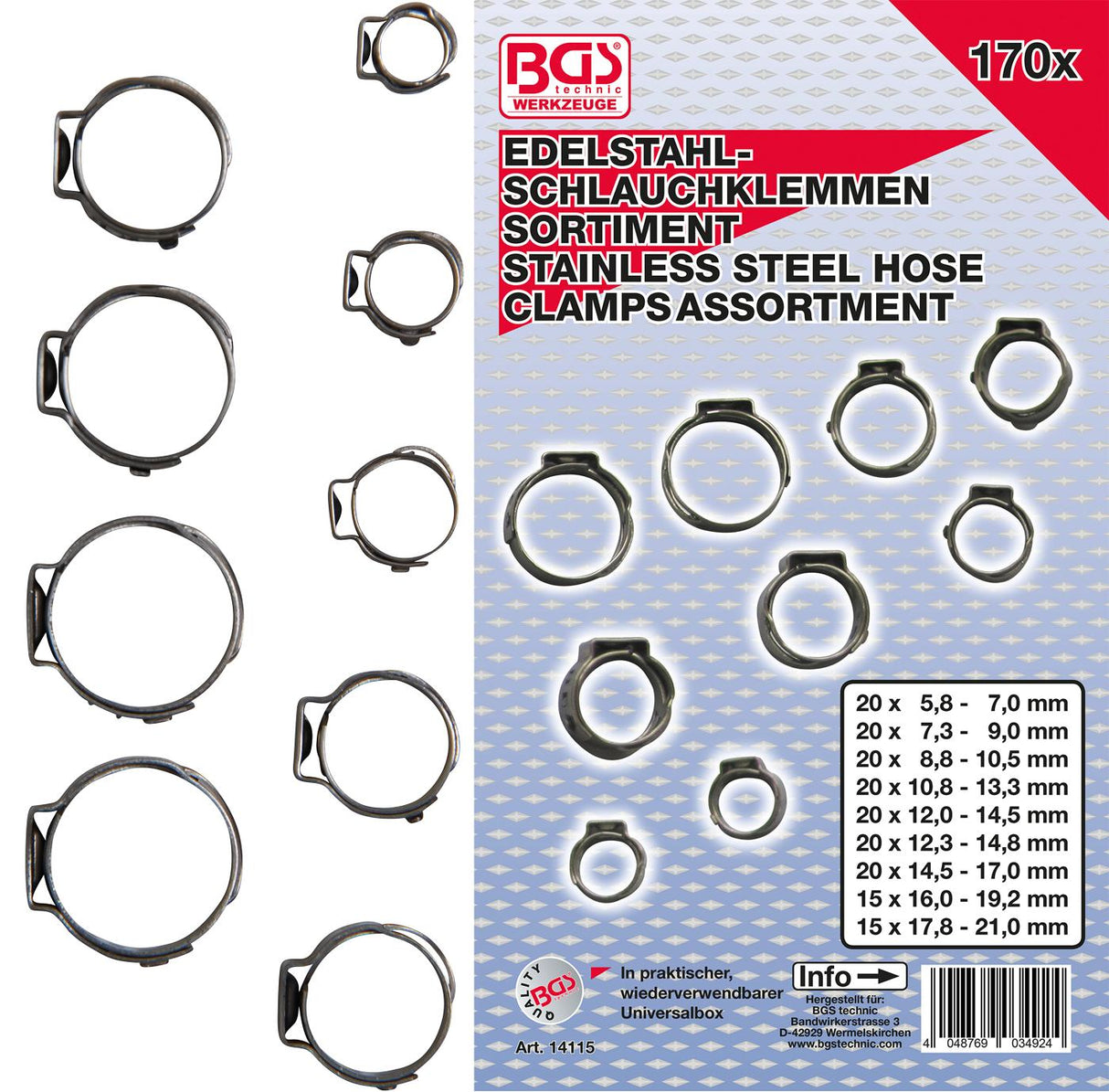 STAINLESS STEEL HOSE CLAMP ASSORTMENT | Ø 5.8 - 21 MM | 170 PCS. (14115)