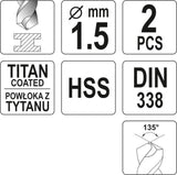 TWIST DRILL BIT HSS-TIN 1,5 MM - 2 PCS (YT-44631)