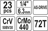 Galvučių su terkšle rinkinys | 6.3 mm (1/4") | 23 vnt. (YT-14451)