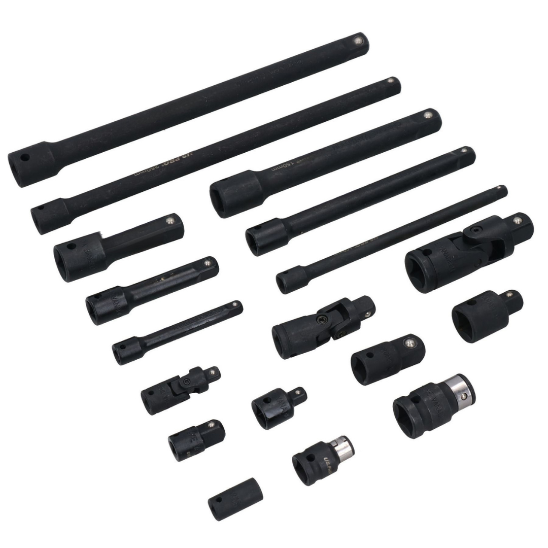 Smūginių ilgintuvų / adapterių / šarnyrų rinkinys | 6.3 mm (1/4") / 10 mm (3/8") / 12,5 mm (1/2") | 18 vnt. (DT18S)