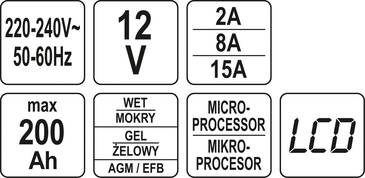 Pakrovėjas 6 V ir 12 V akumuliatorių įkrovimui | 12V/2A/8A/15A (YT-83003)