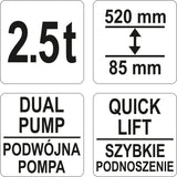 Domkratas ant ratukų | hidraulinis | žemo profilio | 85-520 mm | 2.5 t. (YT-17207)