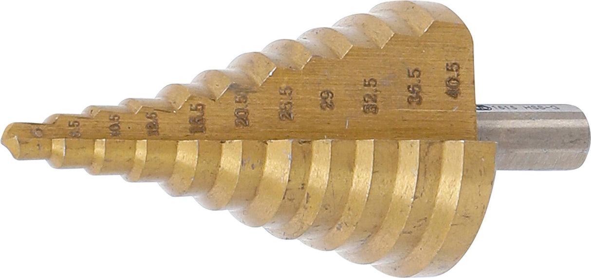 Grąžtas skylės platinimui pakopinis | pusiniai numeriai | Titano nitrindas | Ø 6 - 40,5 mm  (1615)