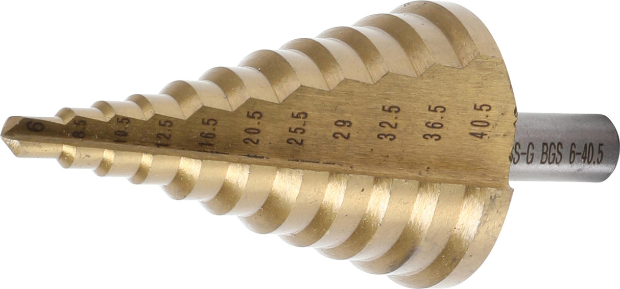 Grąžtas skylės platinimui pakopinis | pusiniai numeriai | Titano nitrindas | Ø 6 - 40,5 mm  (1615)