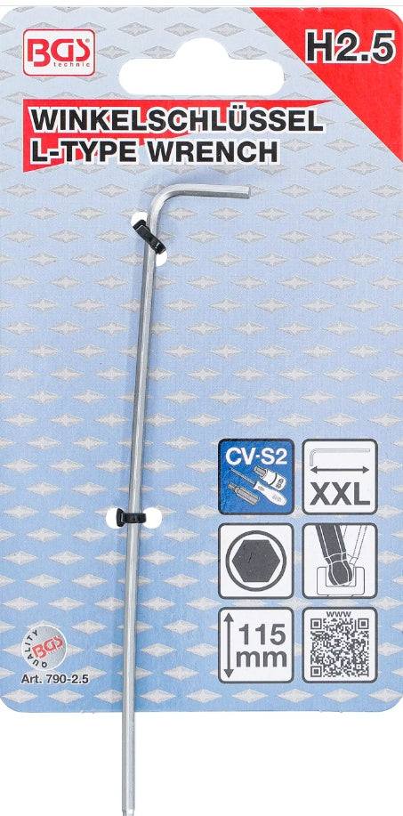 L tipo raktas | ilgiausias tipas | hex šešiakampis / hex šešiakampis su šarnyru | 2.5 mm (790-2.5)
