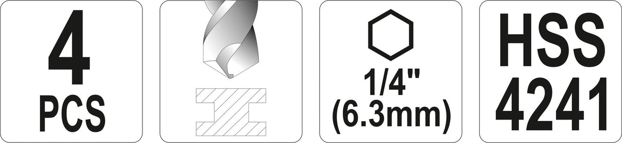 Frezų metalui rinkinys | HSS 4241 | 1/4" (6.3 mm) antgalis | 4 vnt (YT-44705)