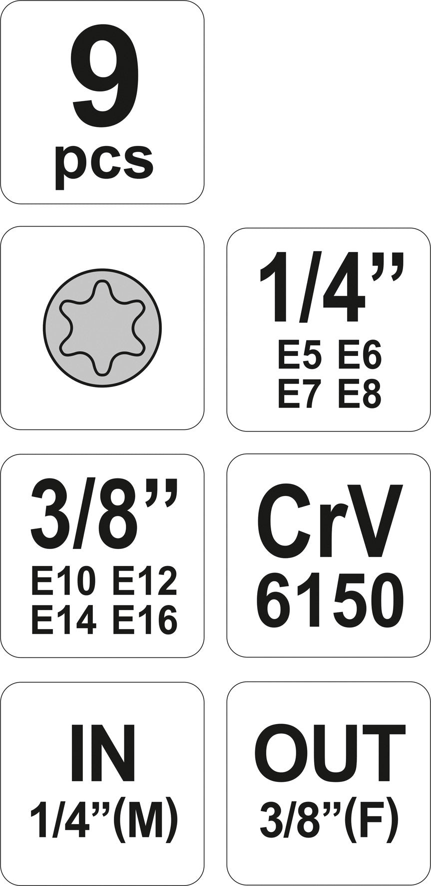 Galvučių rinkinys E-Tipas | 6.3 mm (1/4") / 10 mm (3/8") | E5 - E16 | 9 vnt. (YT-0520)