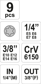 Galvučių rinkinys E-Tipas | 6.3 mm (1/4") / 10 mm (3/8") | E5 - E16 | 9 vnt. (YT-0520)