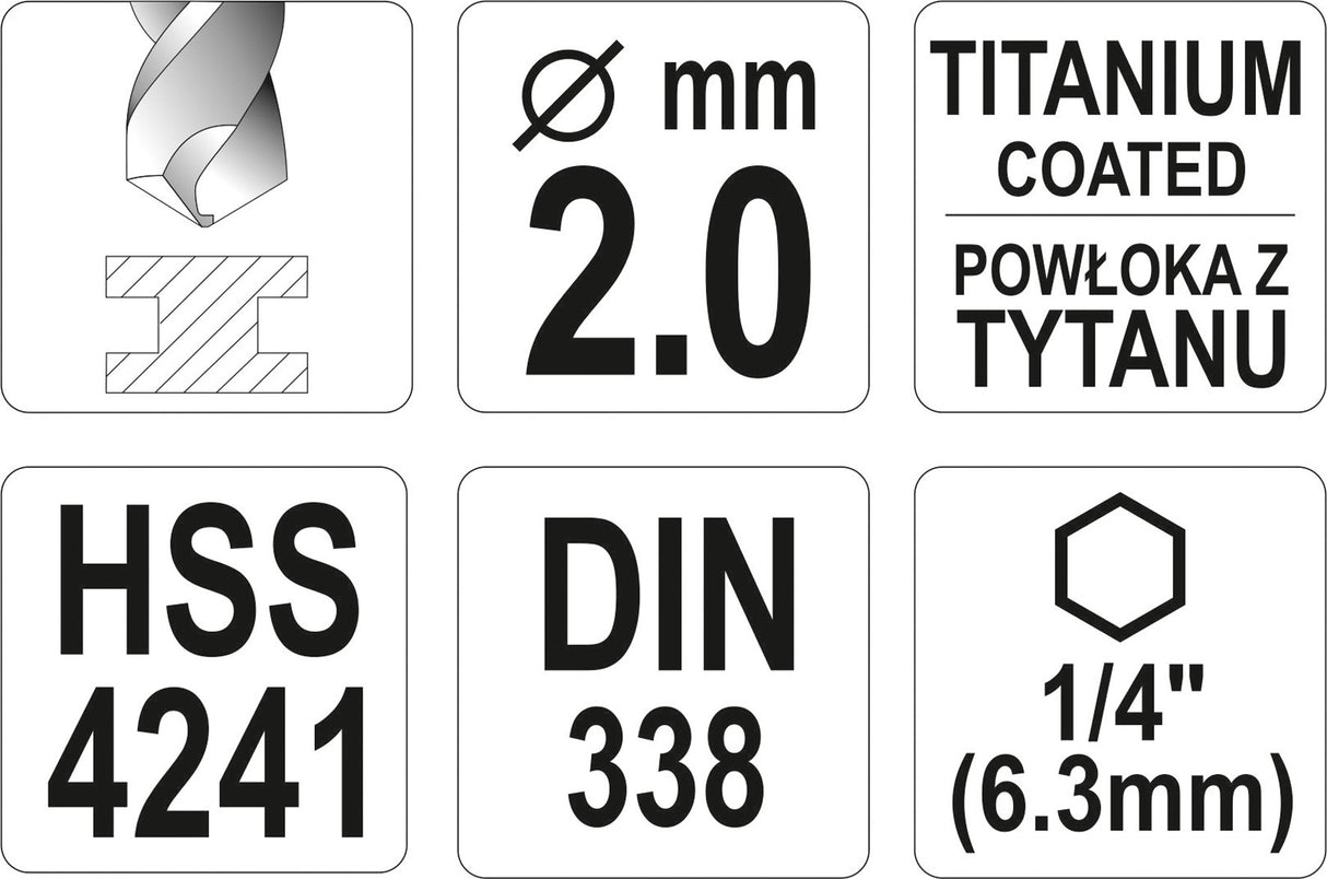 Сверло по металлу с хвостовиком Hex 6.3 mm (1/4") HSS-TiN | 2.0 mm
