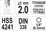 Сверло по металлу с хвостовиком Hex 6.3 mm (1/4") HSS-TiN | 2.0 mm