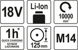 Akumuliatorinis kampinis šlifuoklis 18V, 125 mm, 2,0AH be akumuliatoriaus (YT-82827)