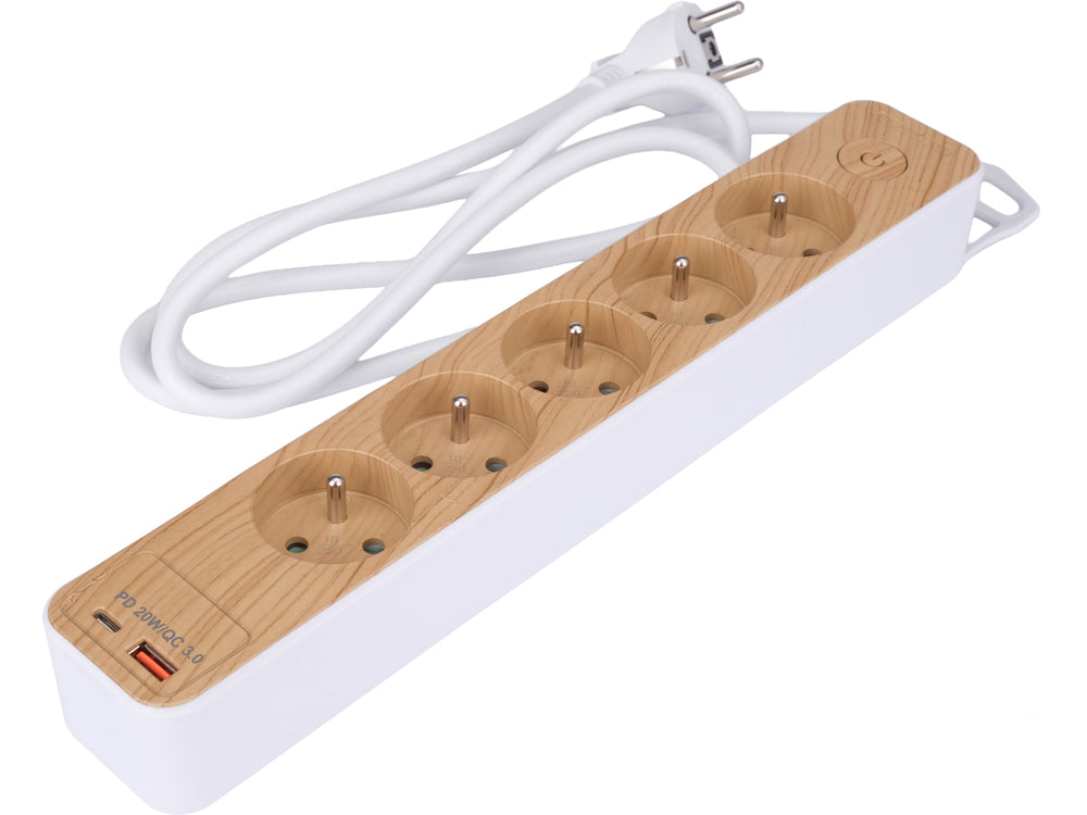 Maitinimo laidas/ilgintuvas su įžeminimu (medžio imitacija) | 5 lizdai + USB | 1,0 mm2 | 1.4 m (72344)