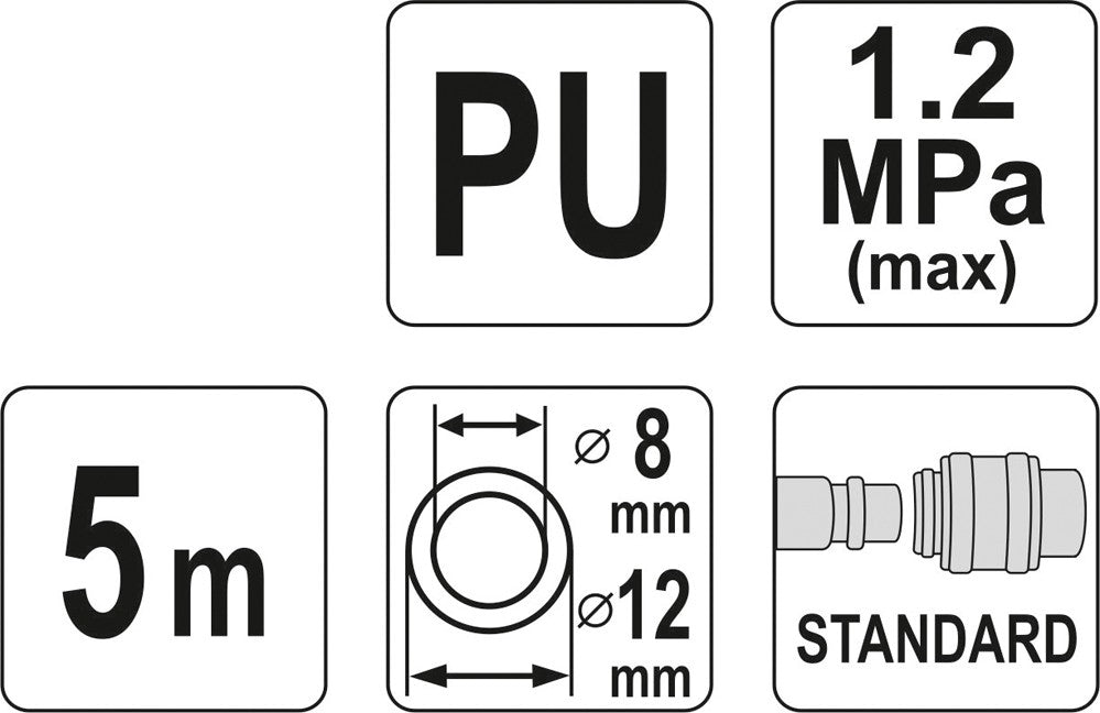 Pneumatinė žarna su antgaliais | 8 x 12 mm | 5 m | PU (YT-24207)