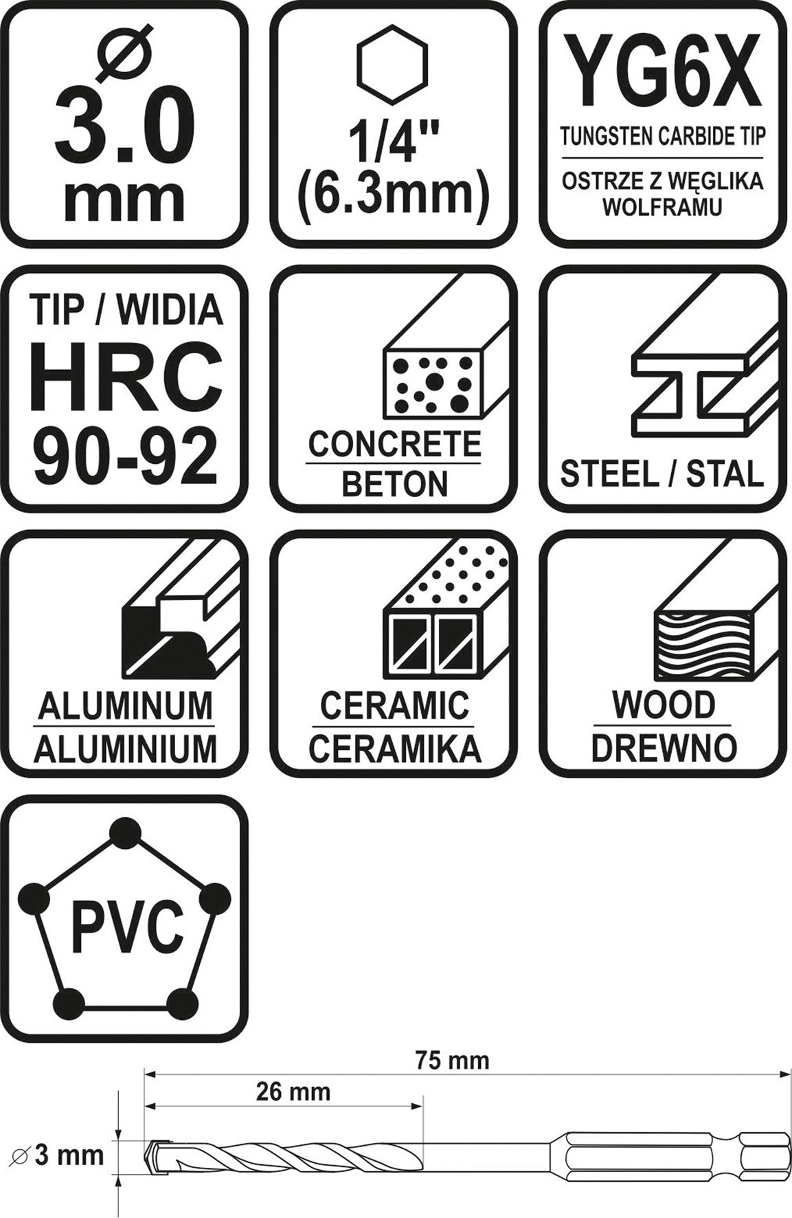 Grąžtas universalus su Hex 6.3 mm (1/4") galu | 3.0 mm (21680)