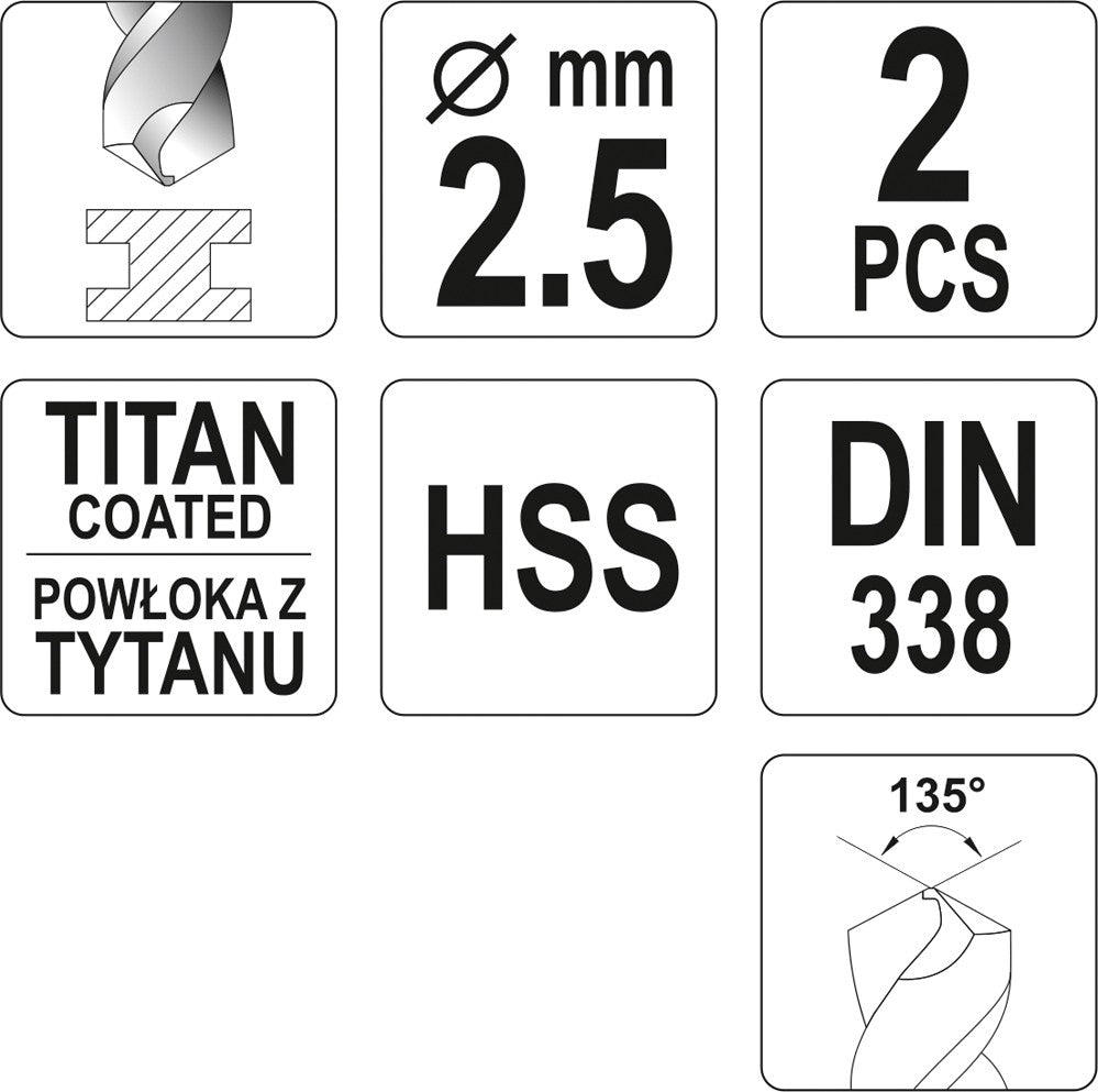 Grąžtas metalui HSS-TIN 2.5 mm, 2vnt. (YT-44633)