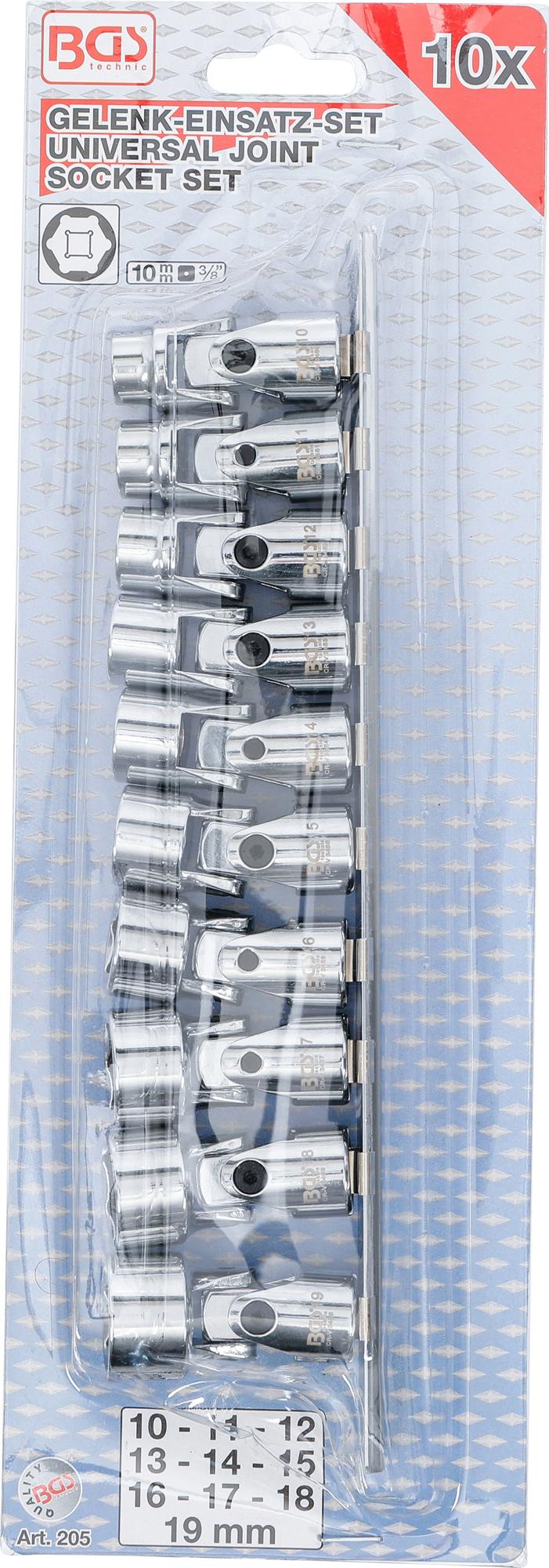 Universalus galvučių komplektas šarnyrinis, šešiakampis | 10 mm (3/8") | 10 - 19 mm | 10 vnt. (205)