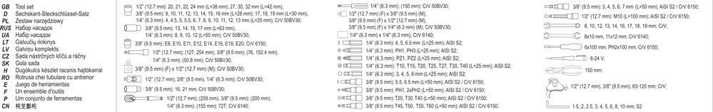 Набор инструментов | 6.3 mm (1/4") / 10 mm (3/8") / 12,5 mm (1/2") | 126 шт.