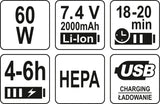 Automobilinis dulkių siurblys | akumuliatorinis | 60W / 4,5KPA / LI-ION 7,4V | 4000MAH | USB (82955)