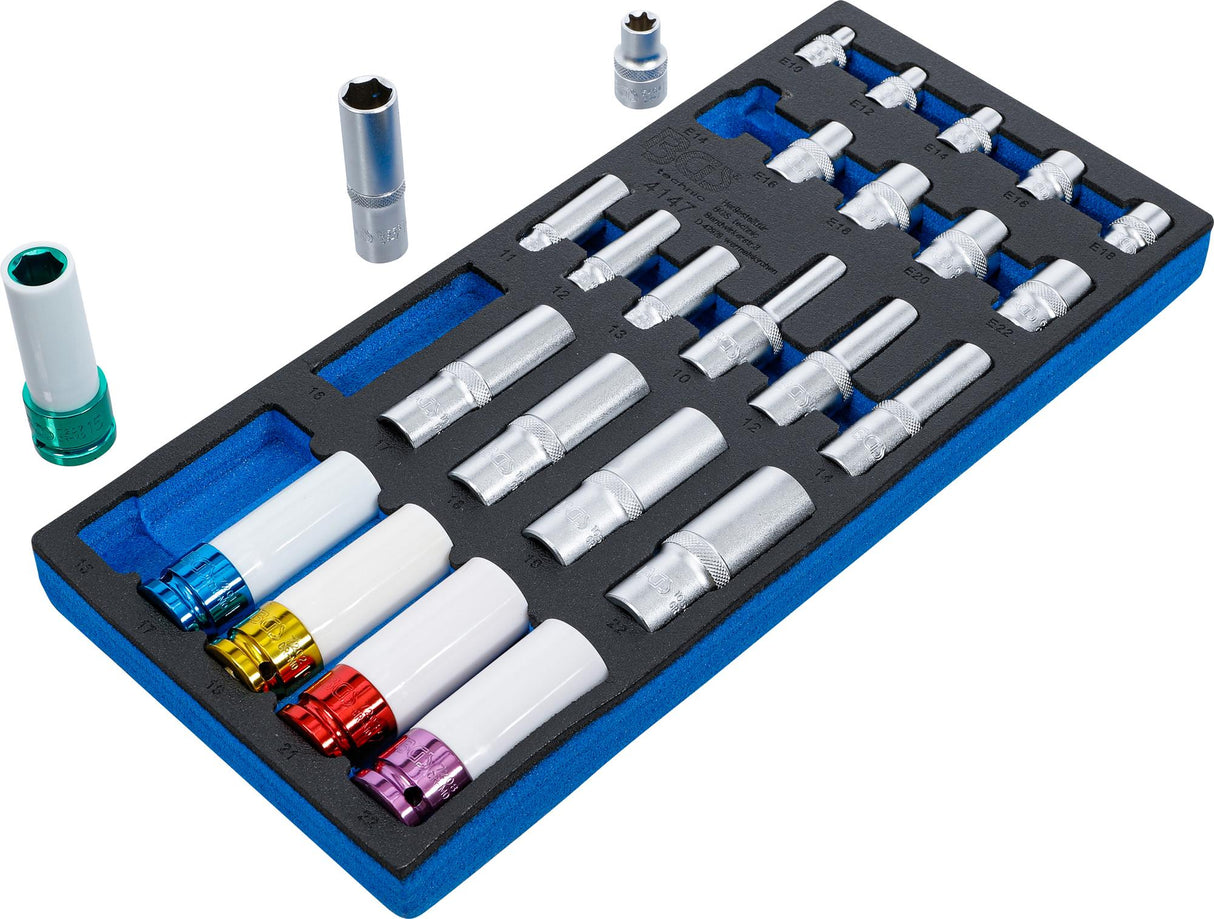 TOOL TRAY 1/3: SOCKETS | HEXAGON, DEEP 11 - 22 MM | E-TYPE E10 - E22 | 6.3 MM (1/4"), 10 MM (3/8"), 12.5 MM (1/2") | 26 PCS. (4147)