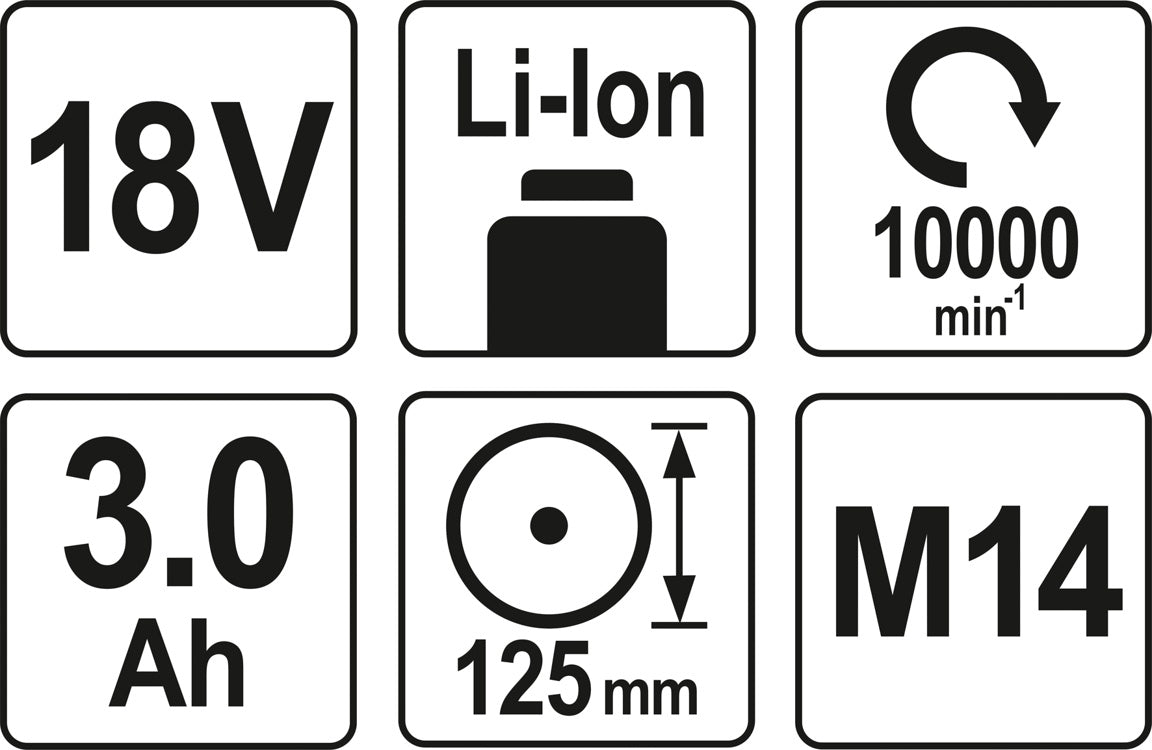 Akumuliatorinis kampinis šlifuoklis 125 mm 18V, 2 Akumuliatoriai (3AH) (YT-82828)