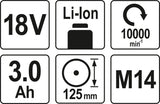 Akumuliatorinis kampinis šlifuoklis 125 mm 18V, 2 Akumuliatoriai (3AH) (YT-82828)