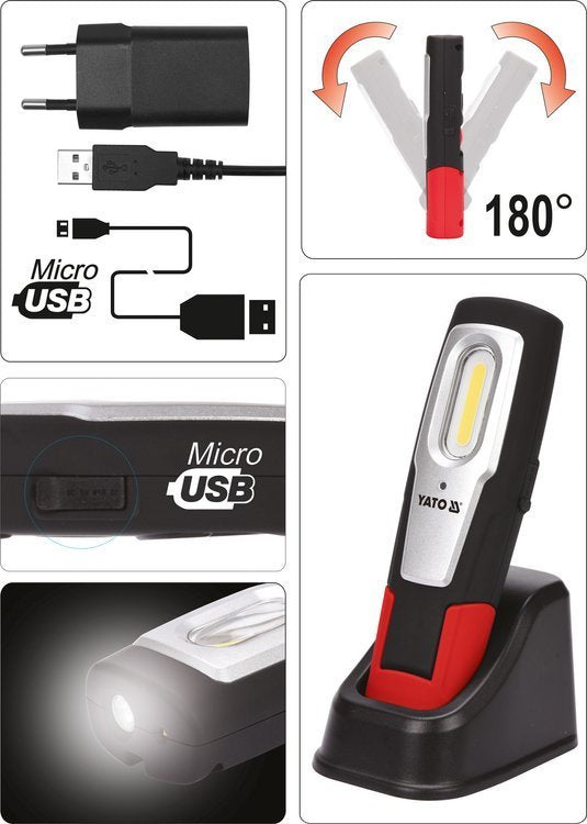 Darbo lempa akumuliatorinė | 6W COB, 600LM + 250LM, LI-ION 3.7V 2600MAH, IK07, IP54, CRI80 (YT-08558)