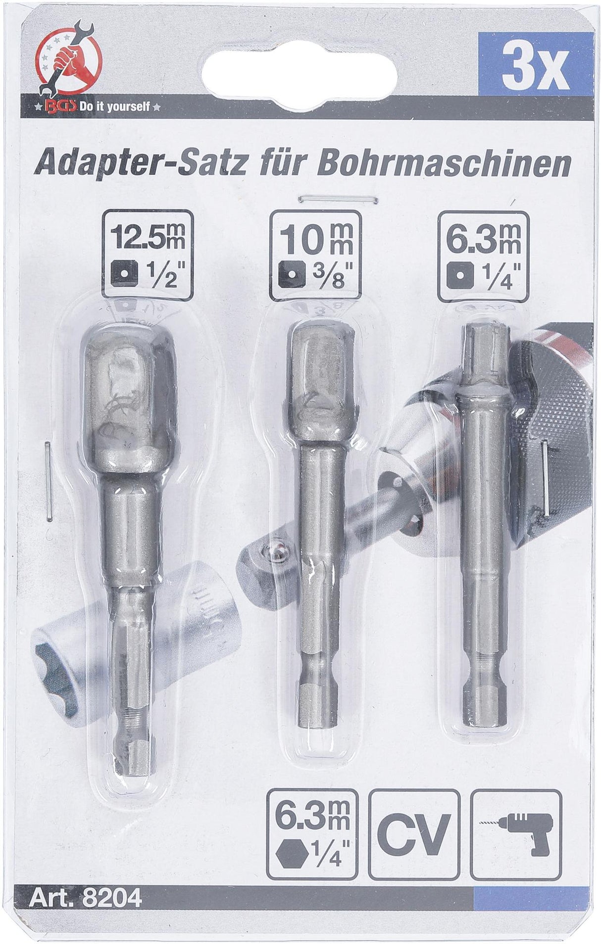 Adapterių komplektas | 6.3 mm (1/4") antgalis | 6.3 mm (1/4") / 10 mm (3/8") / 12,5 mm (1/2") | 3 vnt. (8204)