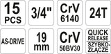 Galvučių komplektas 6 kampų | 30-60 mm | metalinė dėžė | 20 mm (3/4") | 15 vnt. (YT-1334)