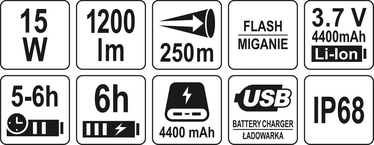 Prožektorius akumuliatorinis | 15W, 1200LM, IP68 250M, LI-ION 3,7V 4400MAH (YT-08551)