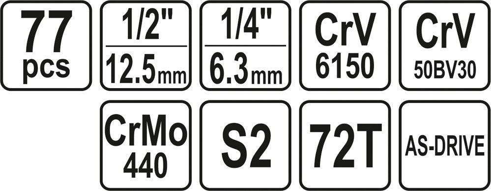 Įrankių rinkinys | 6.3 mm (1/4") + 12.5 mm (1/2") | 77 vnt. (YT-38781)