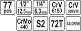 Įrankių rinkinys | 6.3 mm (1/4") + 12.5 mm (1/2") | 77 vnt. (YT-38781)