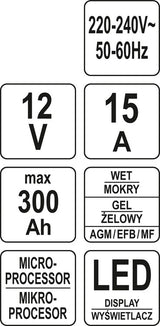 Pakrovėjas 12V/2A, 6A, 10A, 15A BOOST 300s 20A (YT-83037)