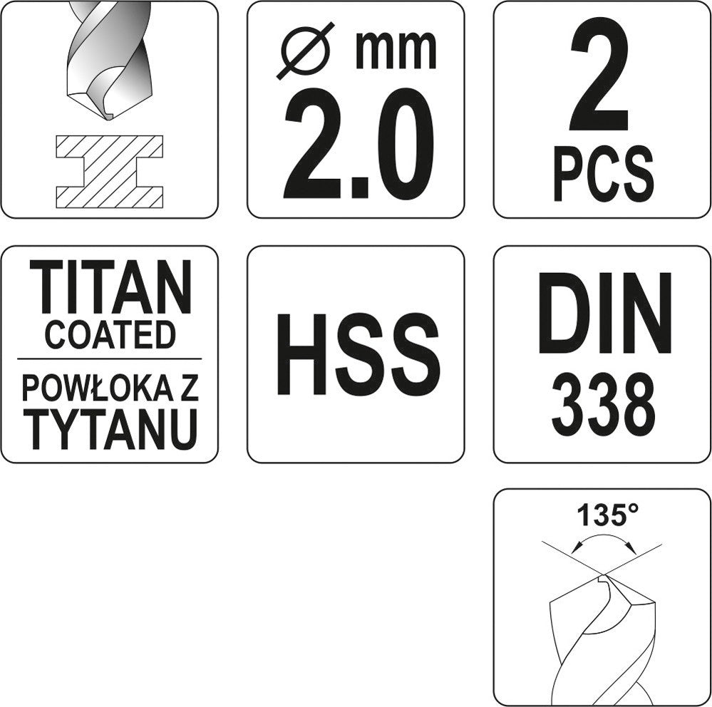 Grąžtas metalui HSS-TIN 2.0 mm, 2vnt. (YT-44632)