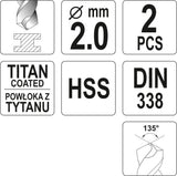 Grąžtas metalui HSS-TIN 2.0 mm, 2vnt. (YT-44632)