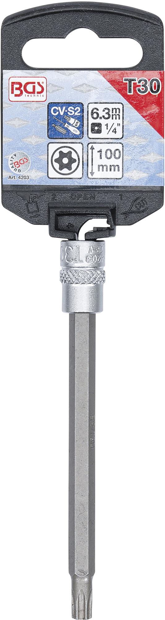 Antgalis įpresuotas į galvutę | ilgis 100 mm | 6.3 mm (1/4") | T-Star su skyle (Torx ) T30 (4203)