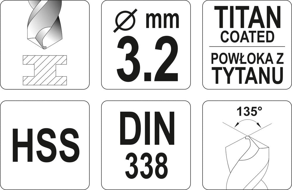 Grąžtas metalui HSS-TIN 3.2 mm (YT-44637)