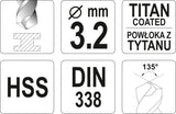 Grąžtas metalui HSS-TIN 3.2 mm (YT-44637)