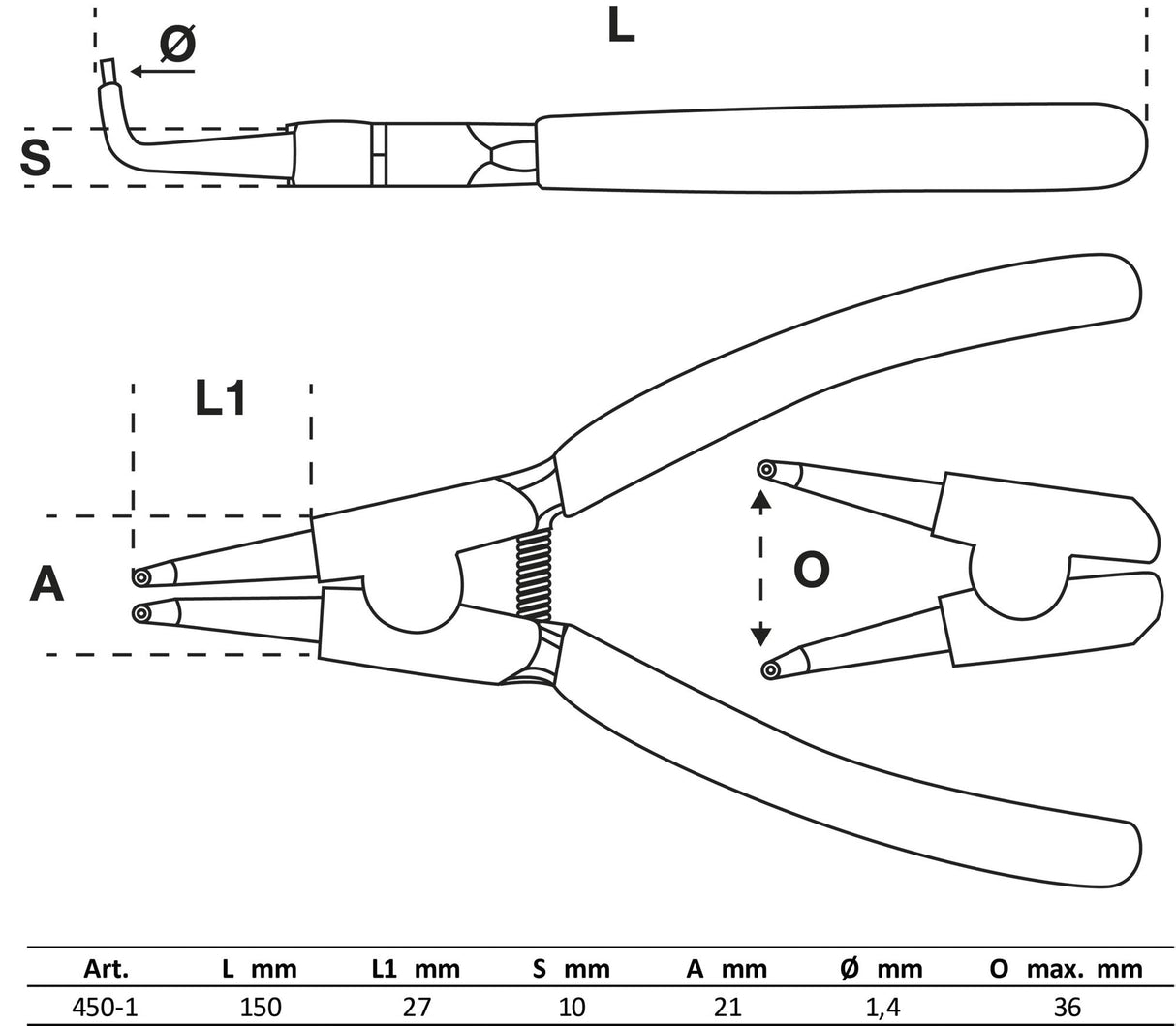 CIRCLIP PLIERS | ANGLED | FOR OUTSIDE CIRCLIPS | 150 MM (450-1)