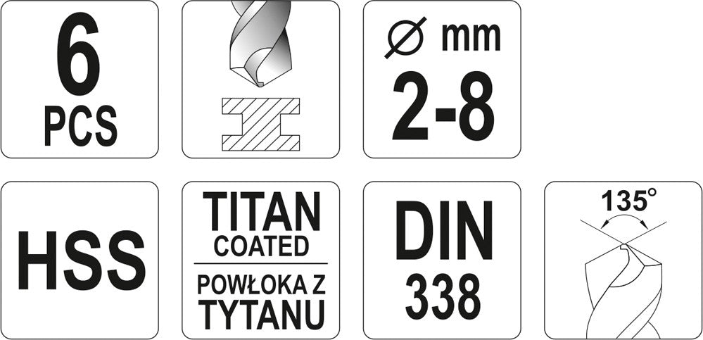 Grąžtų rinkinys | HSS-Titan | 2 - 8 mm | 6 vnt. (YT-44673)