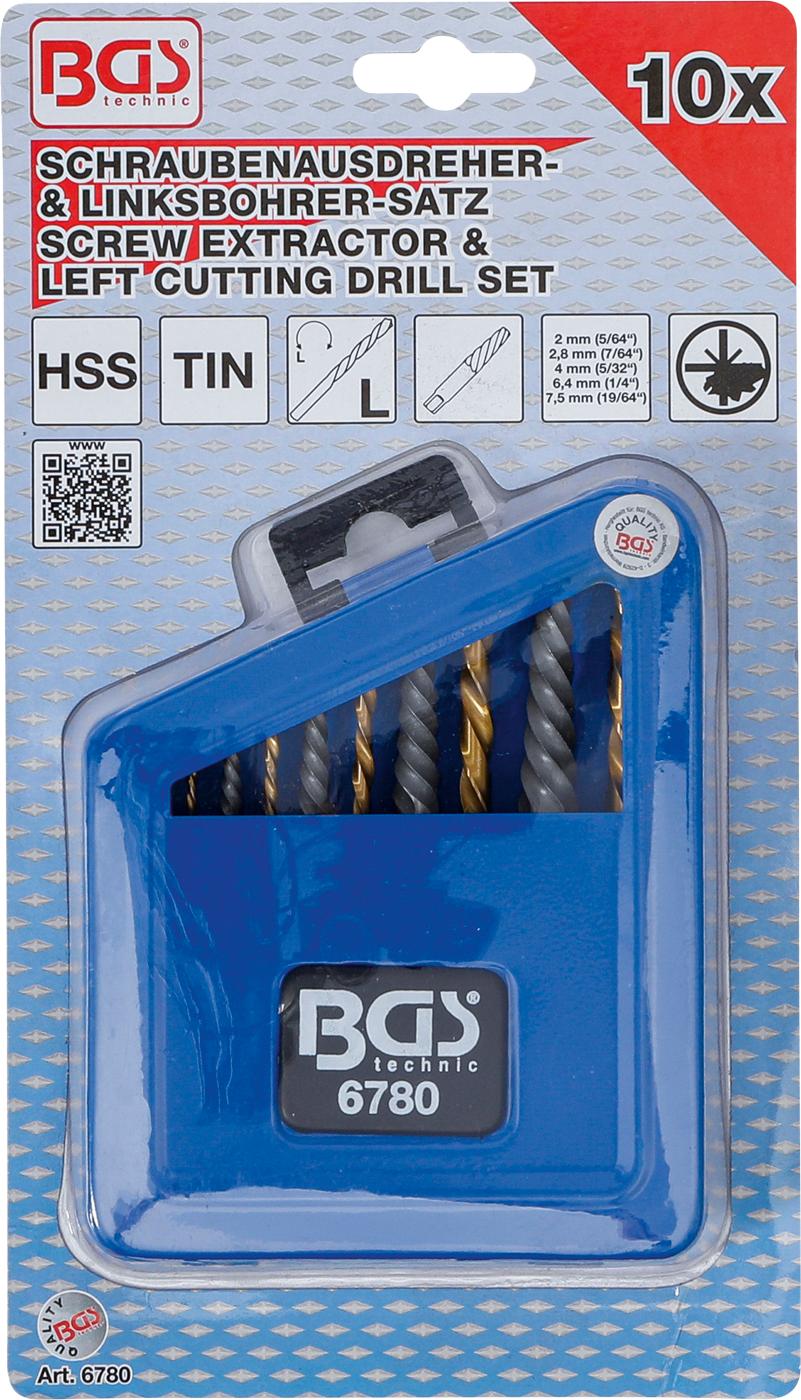 Kairinių grąžtų ir užlūžusių varžtų išsukėjų rinkinys | HSS | titano nitridas | 2 - 7.5 mm | 10 vnt. (6780)