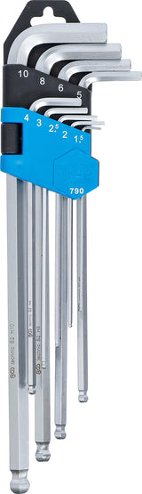 L-TYPE WRENCH SET | EXTRA LONG | INTERNAL HEXAGON / INTERNAL HEXAGON WITH BALL HEAD 1.5 - 10 MM | 9 PCS. (790)