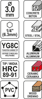 Grąžtas universalus su Hex 6.3 mm (1/4") galu | 3.0 mm (YT-44780)