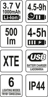 Lempa dedama ant galvos | akumuliatorinė | 500LM / 70 m | LI-ION 3,7V 1000MAH (YT-08596)
