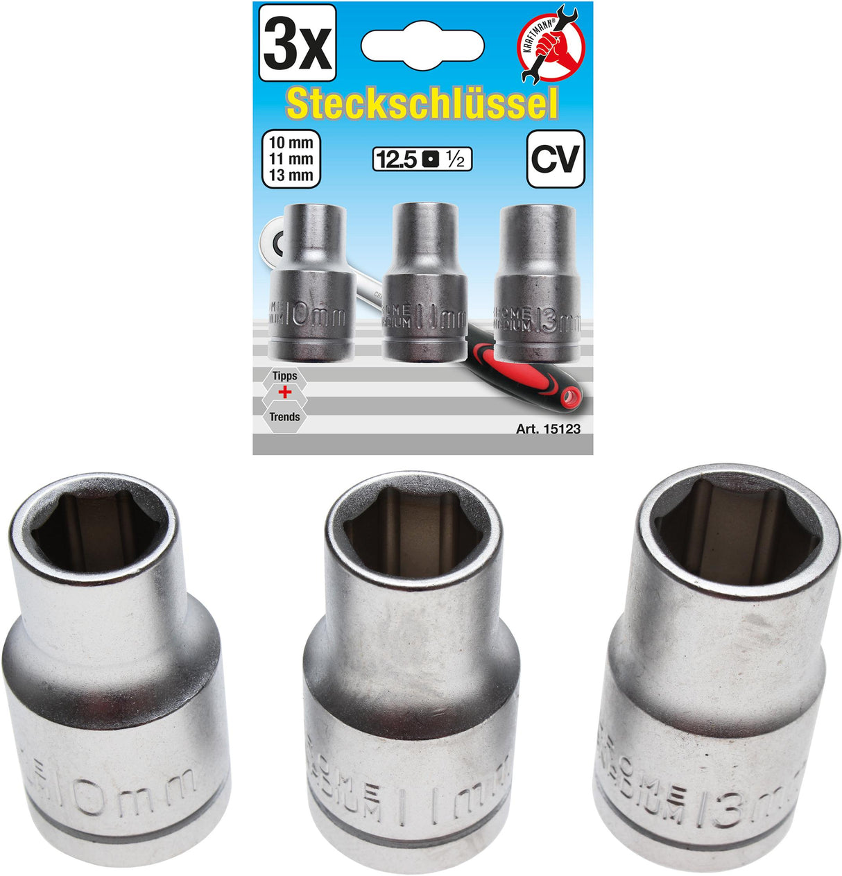 Galvučių rinkinys  | 12,5 mm (1/2") | 10 - 11 - 13 mm | 3 vnt. (15123)