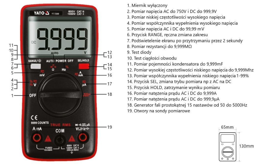Skaitmeninis daugiafunkcinis testeris | TRUE RMS | 9999 AUTO LCD (YT-73089)