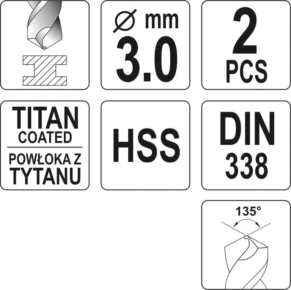 TWIST DRILL BIT HSS-TIN 3 MM - 2 PCS (YT-44635)