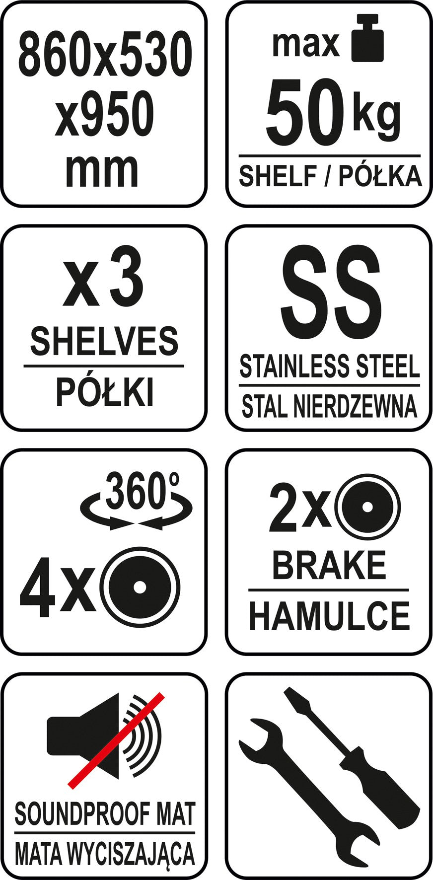 Nerūdijančio plieno serviravimo vežimėlis su 3 lentynom 860x530x950 (YG-09091)