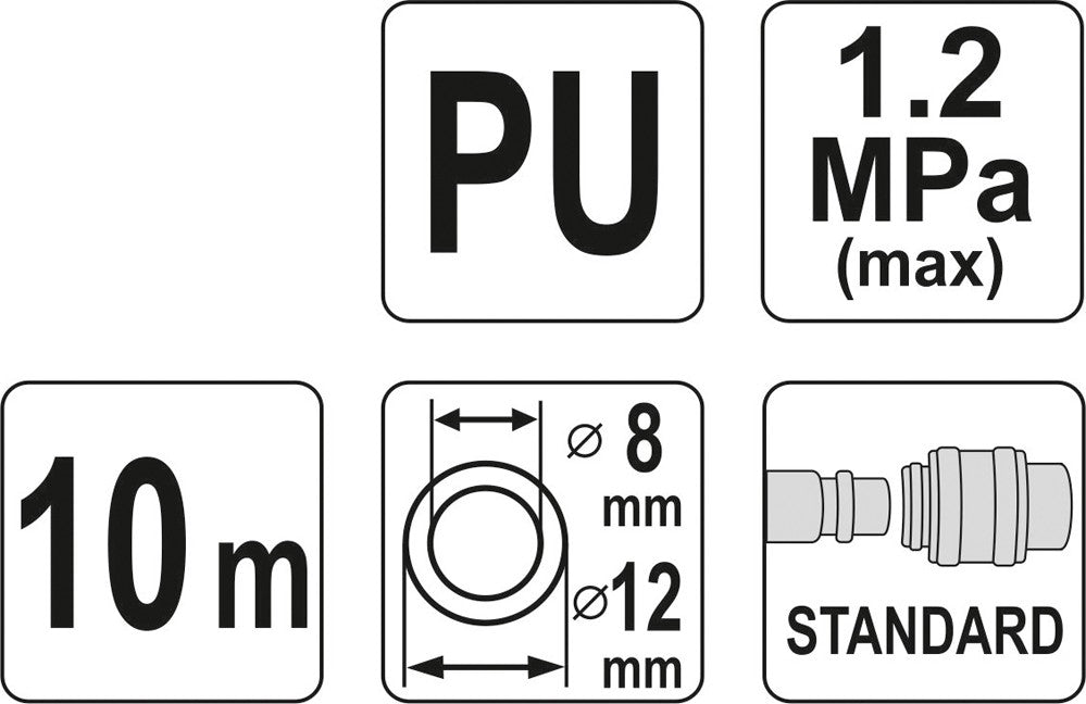 Pneumatinė žarna su antgaliais | 8 x 12 mm | 10 m | PU (YT-24208)